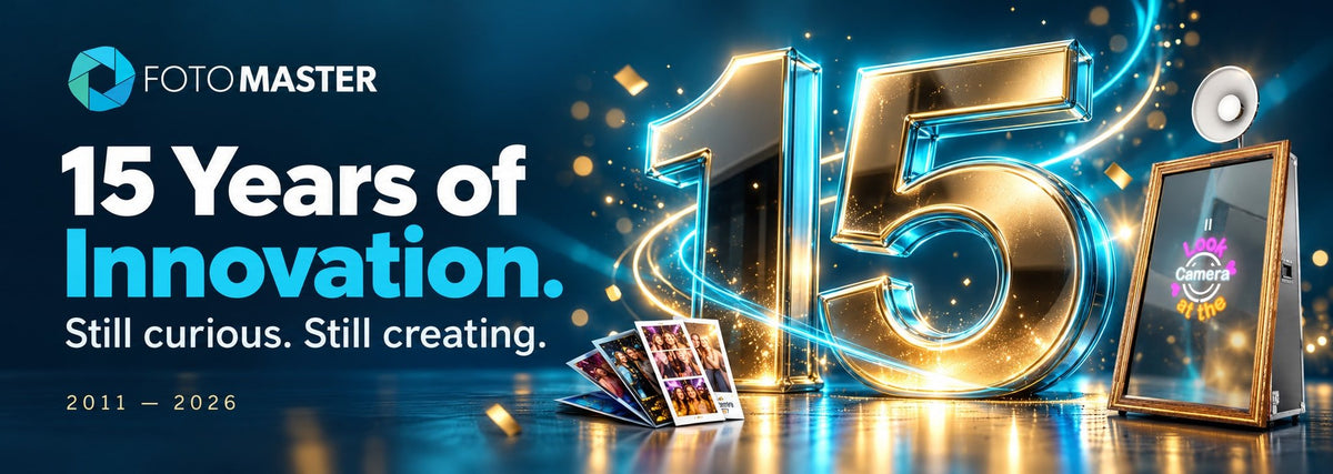 Foto Master celebrates 15 years of innovation, 2011–2026, with a glowing gold and cyan 15, the original Mirror Me Booth, and photo keepsakes. Still curious. Still creating.