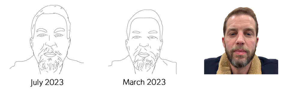 July and March 2023 Draw Me Bot portraits showing changes to a bearded guest’s facial details