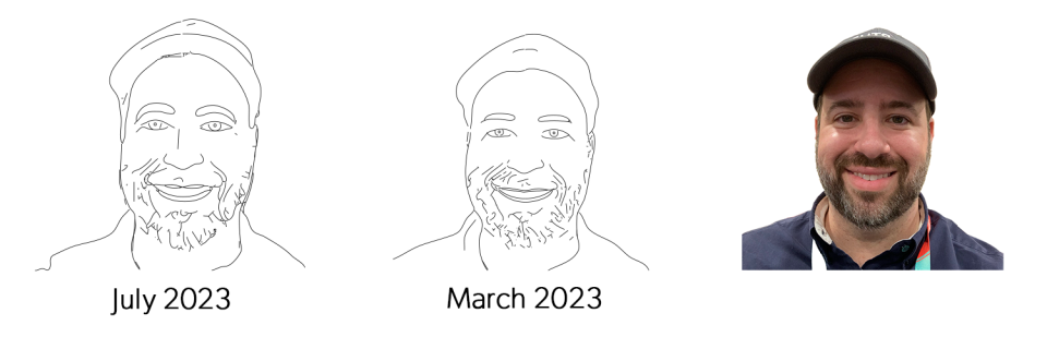 July and March 2023 Draw Me Bot portraits compared with the original photo of a smiling guest in a cap