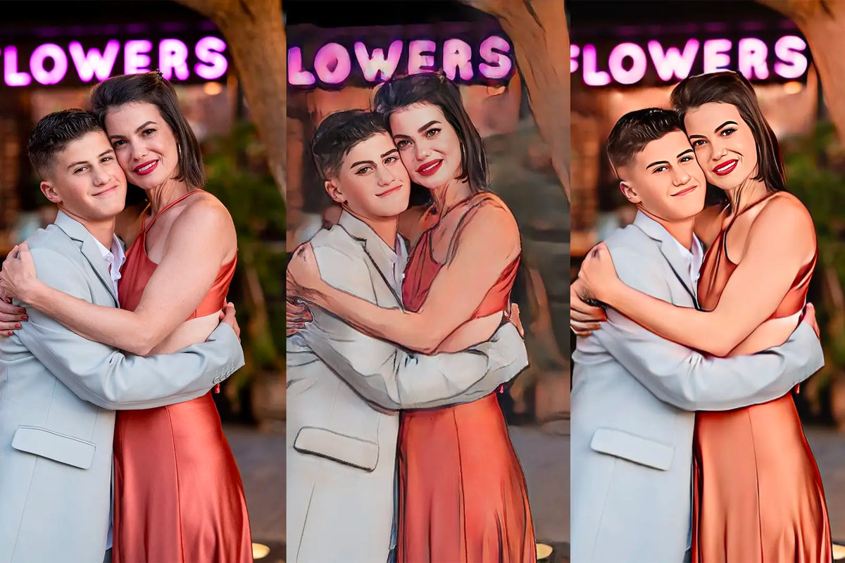 Original couple photo beside two AI-generated cartoon versions