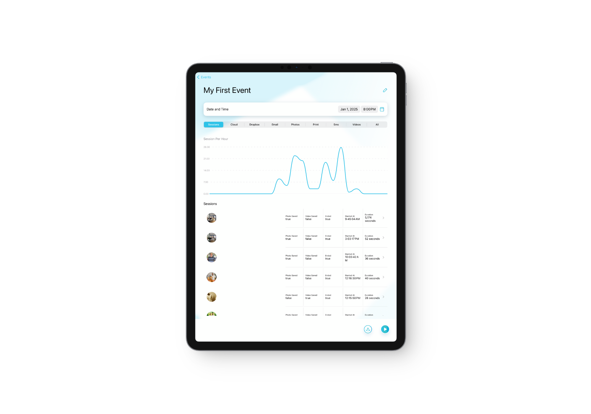 Tablet screen showing data analytics dashboard from Foto Master’s FMBooth, used for monitoring photo booth events.