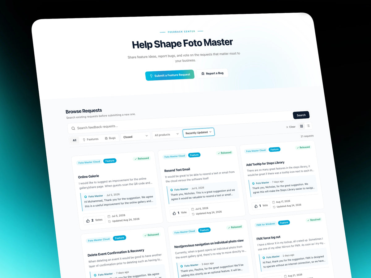 Foto Master Feedback Center for customer feature requests