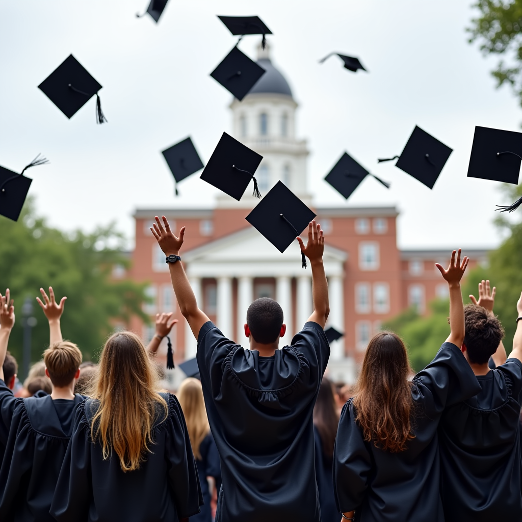 Graduates in caps and gowns celebrating on campus lawn, symbolizing photo booths for universities by Foto Master.