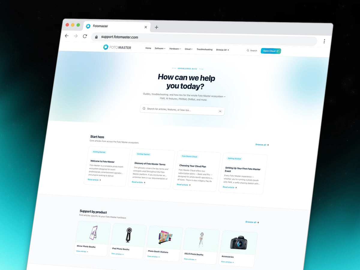 Foto Master Knowledge Base home page with product guides and search