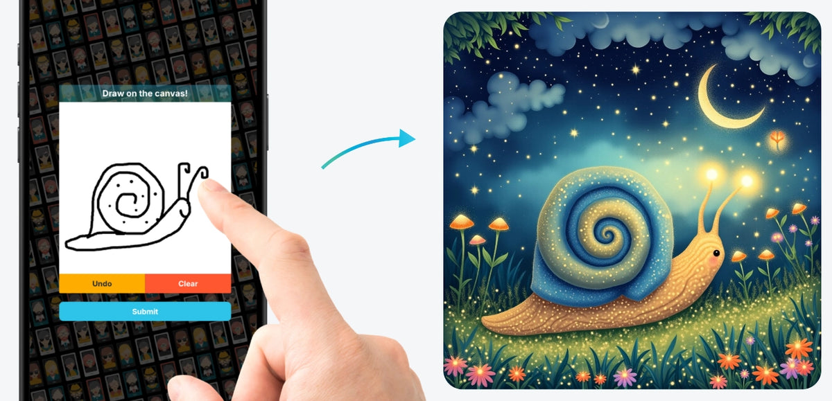 Snail sketch on a phone transformed into a colorful AI Line2Life illustration