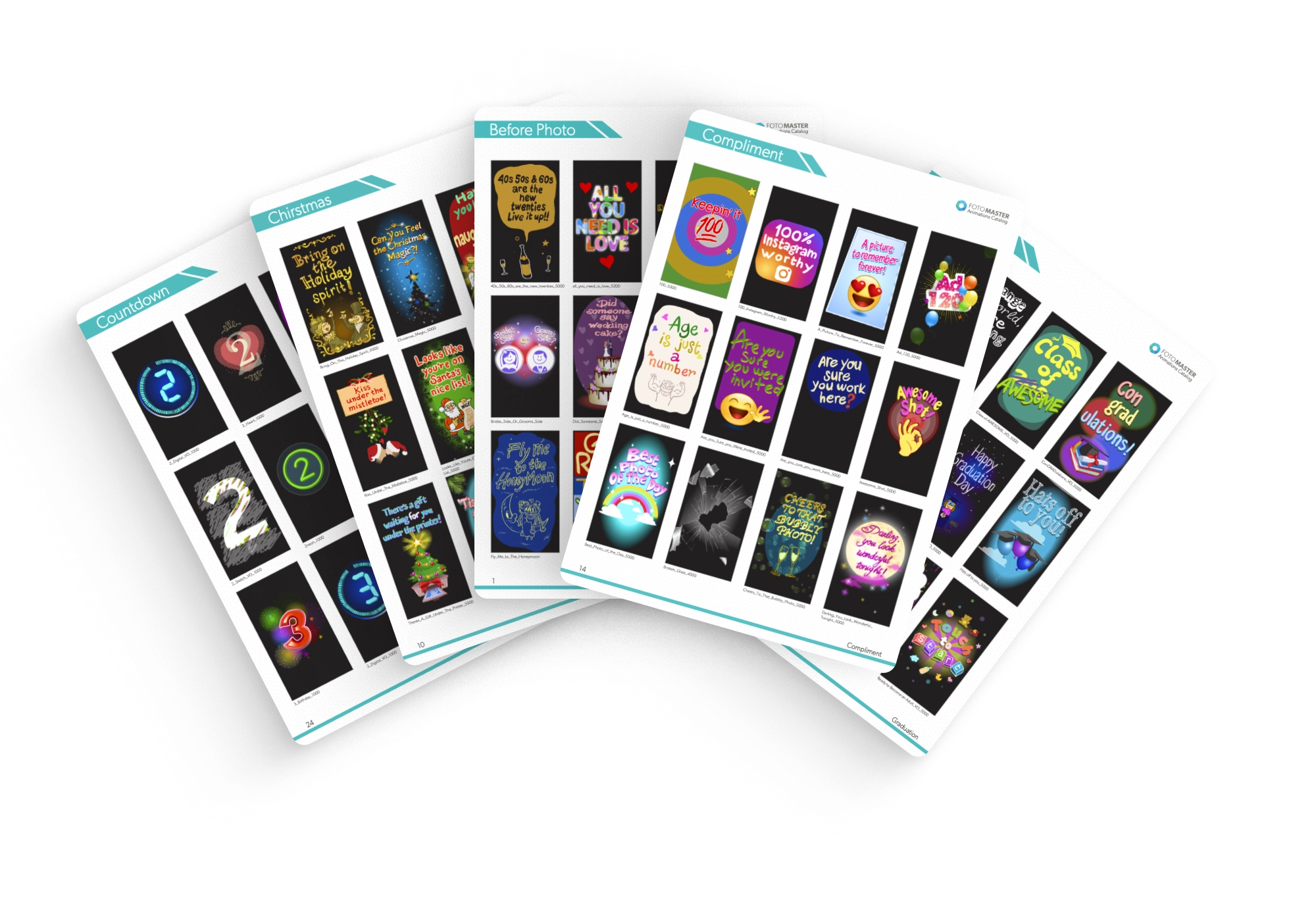 Preview of 400+ colorful photo booth animations by Foto Master displayed on overlapping smartphone-style screens.