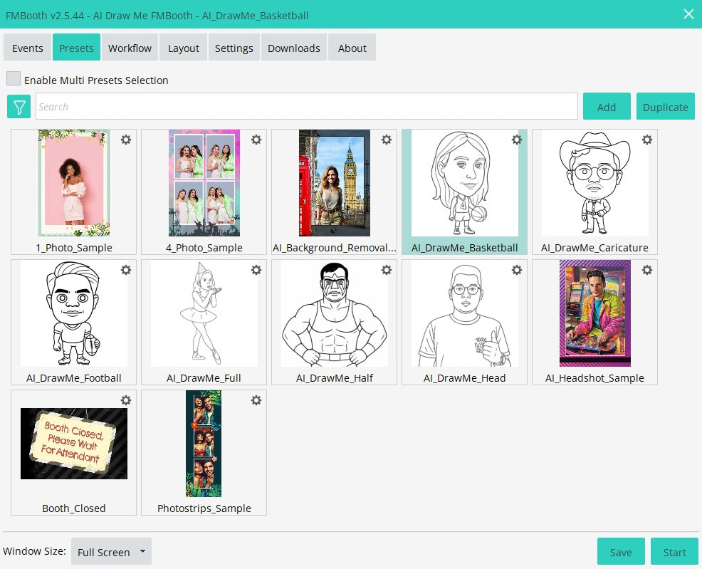 FMBooth workflow screen with AI Draw Me portrait and caricature presets