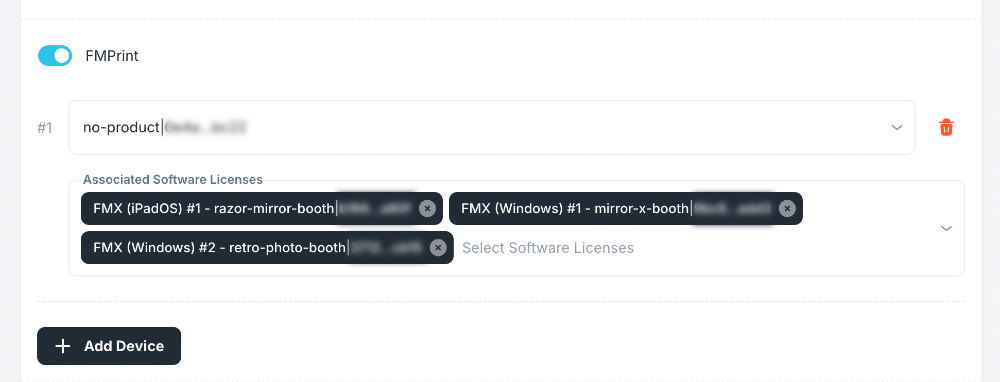Selecting FMPrint printer licenses and authorized FMX booths in Foto Master Cloud