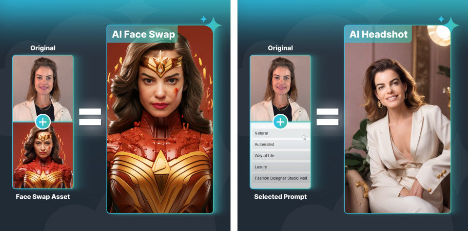 AI Face Swap using a supplied character image compared with AI Headshot using a prompt