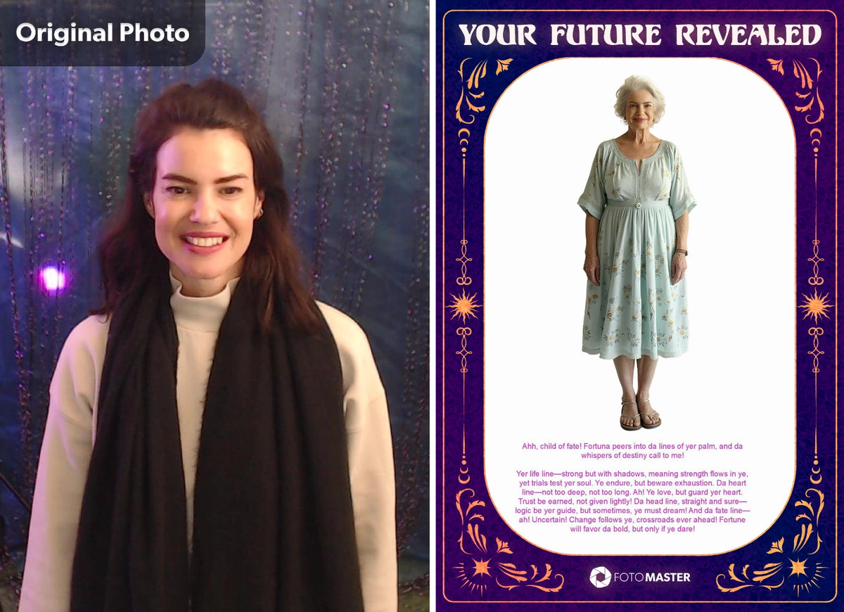 Guest portrait transformed into a future self on a Fortuna AI fortune card