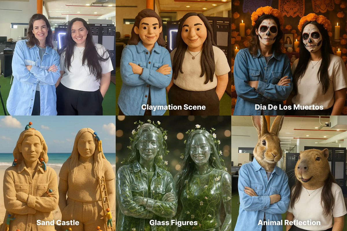 Two guests transformed into clay, glass, sand and animal characters with AI Style Pop