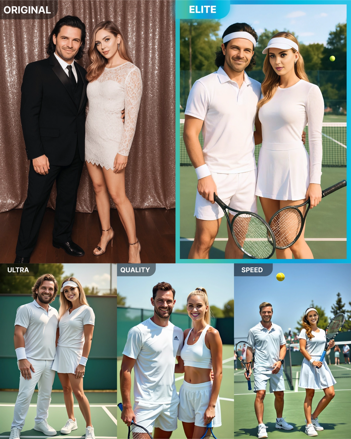 Elite AI transformations of a wedding couple and a group of golfers