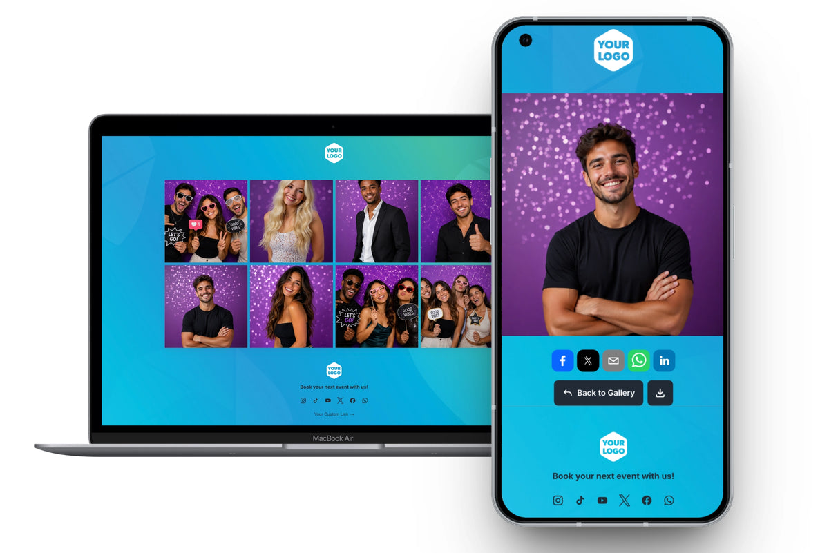A Foto Master Cloud gallery with a branded footer showing a logo, social icons and links