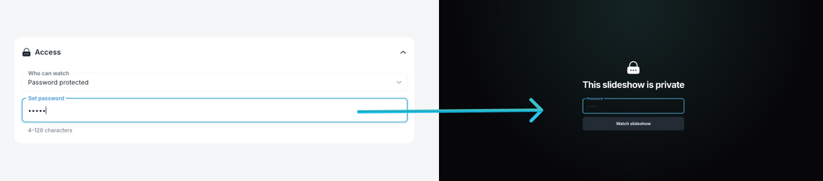 Web Slideshow access settings, with options for anyone with the link or password protection