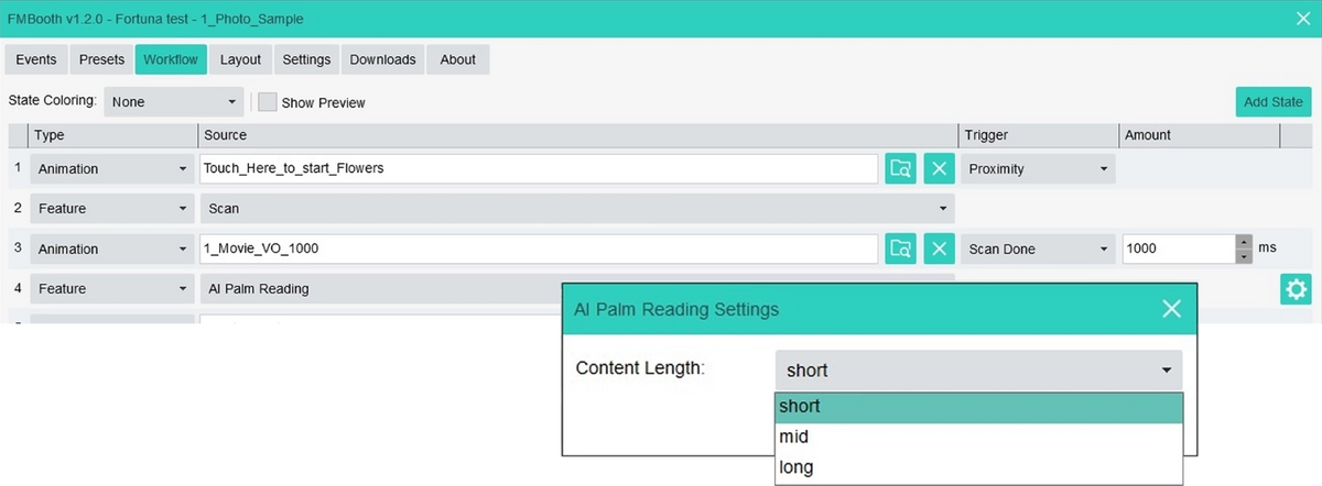 FMBooth workflow with settings for short, medium or long AI palm readings