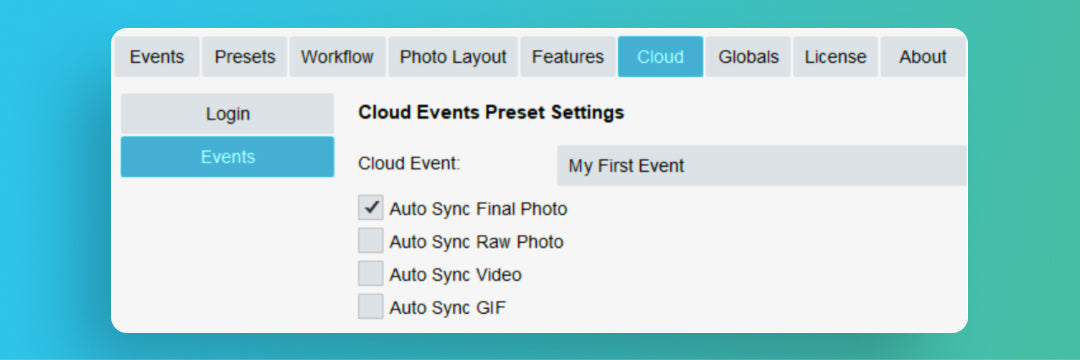 Photo booth Cloud Sync settings for automatically uploading photos, videos and GIFs