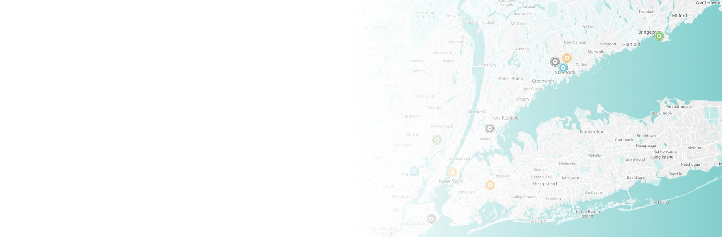 Partial map view of the New York metropolitan area with location markers across Long Island and Connecticut.
