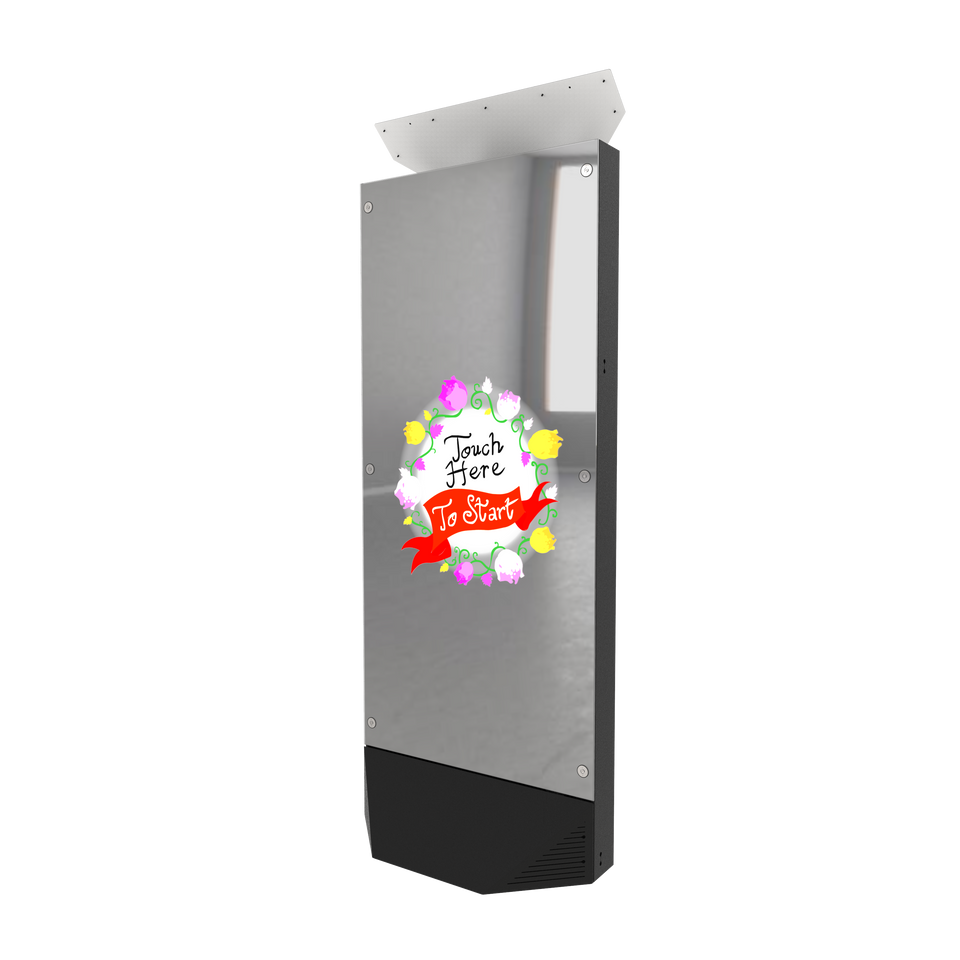 Modern Mirror X Booth with touch-to-start interactive screen.