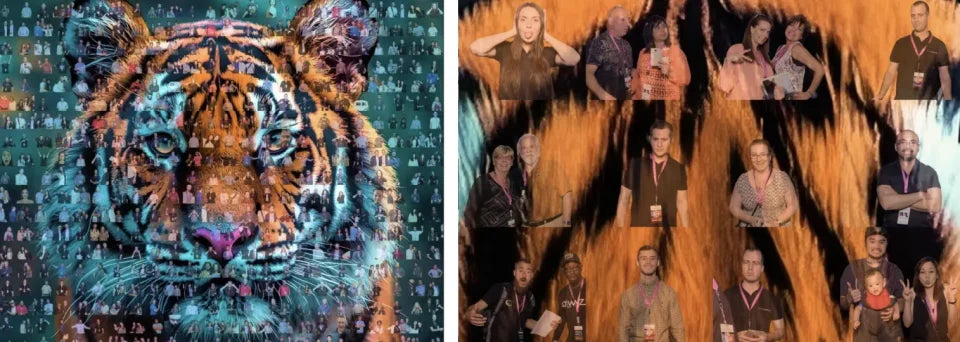 Tiger mosaic and guest-photo mosaic demonstrating AI background removal