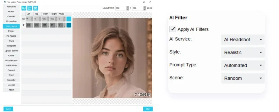 Photo Mosaic Wall V5 moderation screen with AI Headshot filter settings