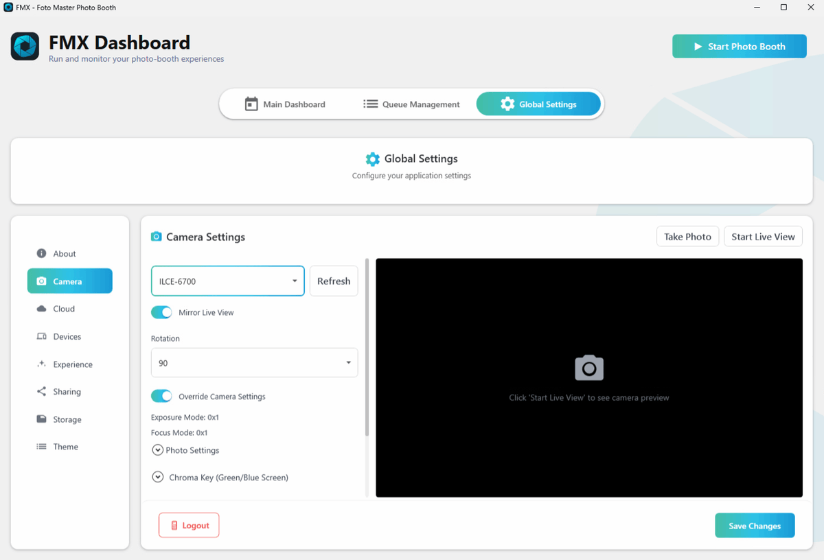 FMX camera settings with camera selection and Live View preview
