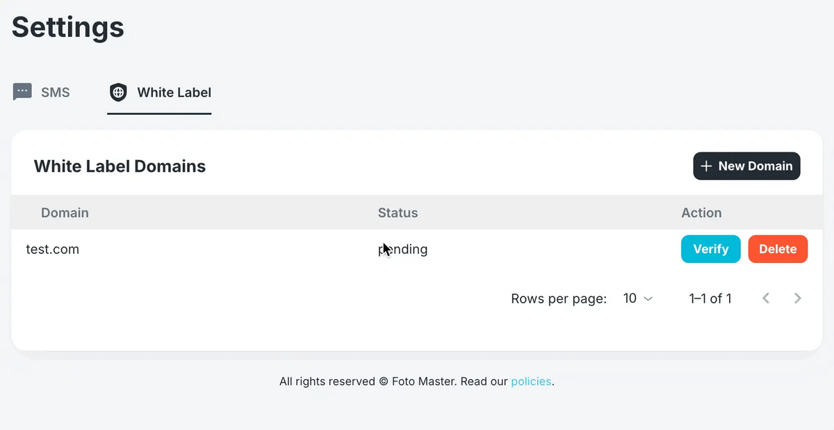 Foto Master Cloud settings for adding and verifying a white-label domain