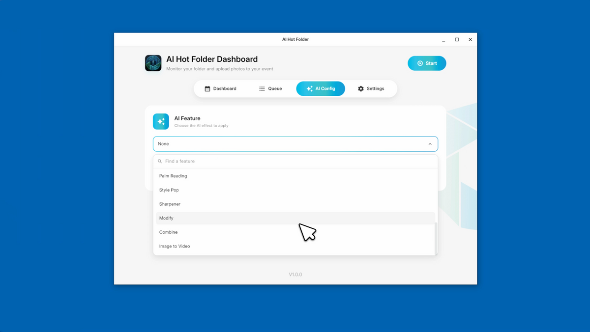 AI Hot Folder dashboard with event and AI configuration settings