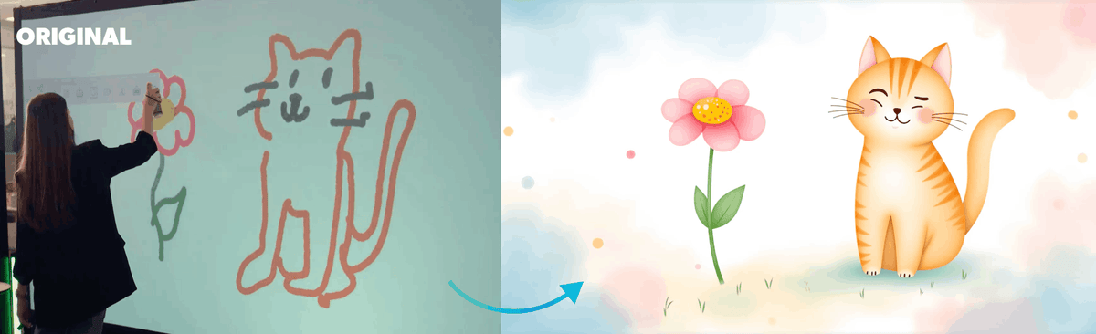Cat and flower sketches on Air Graffiti Wall transformed into watercolor artwork