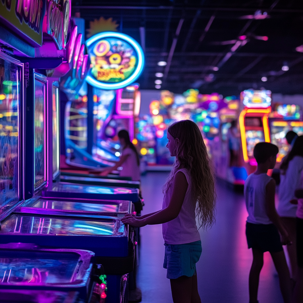 Girl with long blonde hair playing arcade games in a vibrant neon-lit game center with kids and colorful machines around.