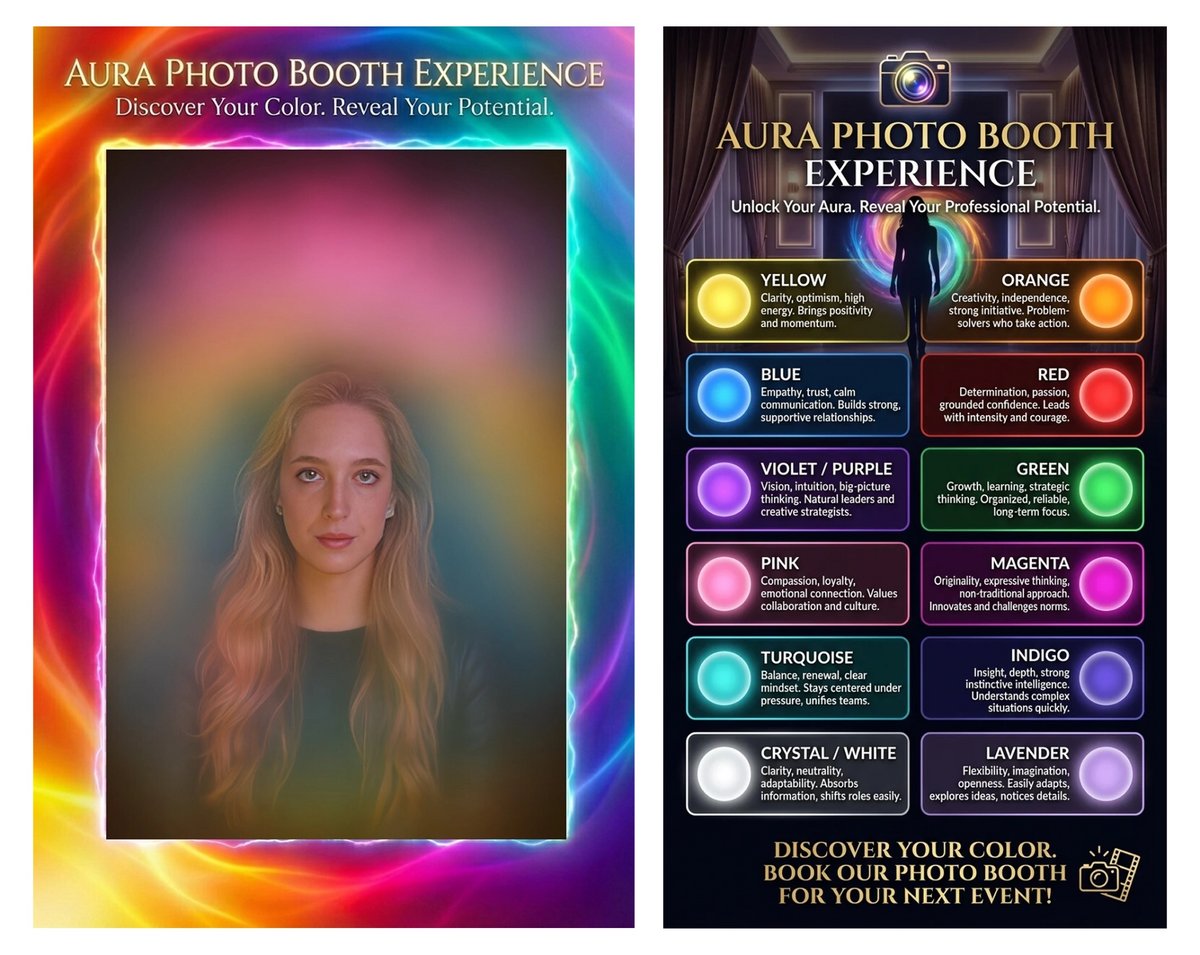 Aura photo booth portrait with a personalized color interpretation card