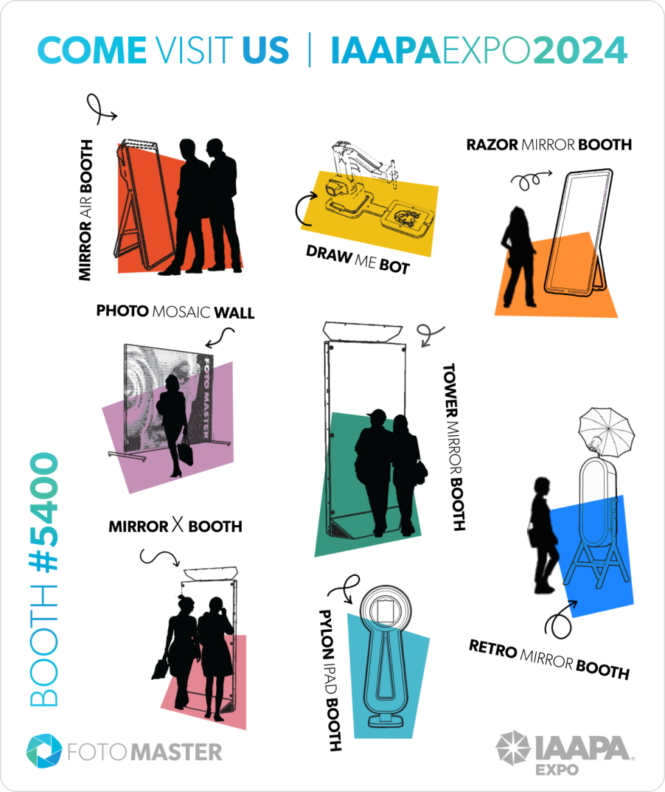 Foto Master photo booth and interactive product lineup for IAAPA Expo 2024, booth 5400