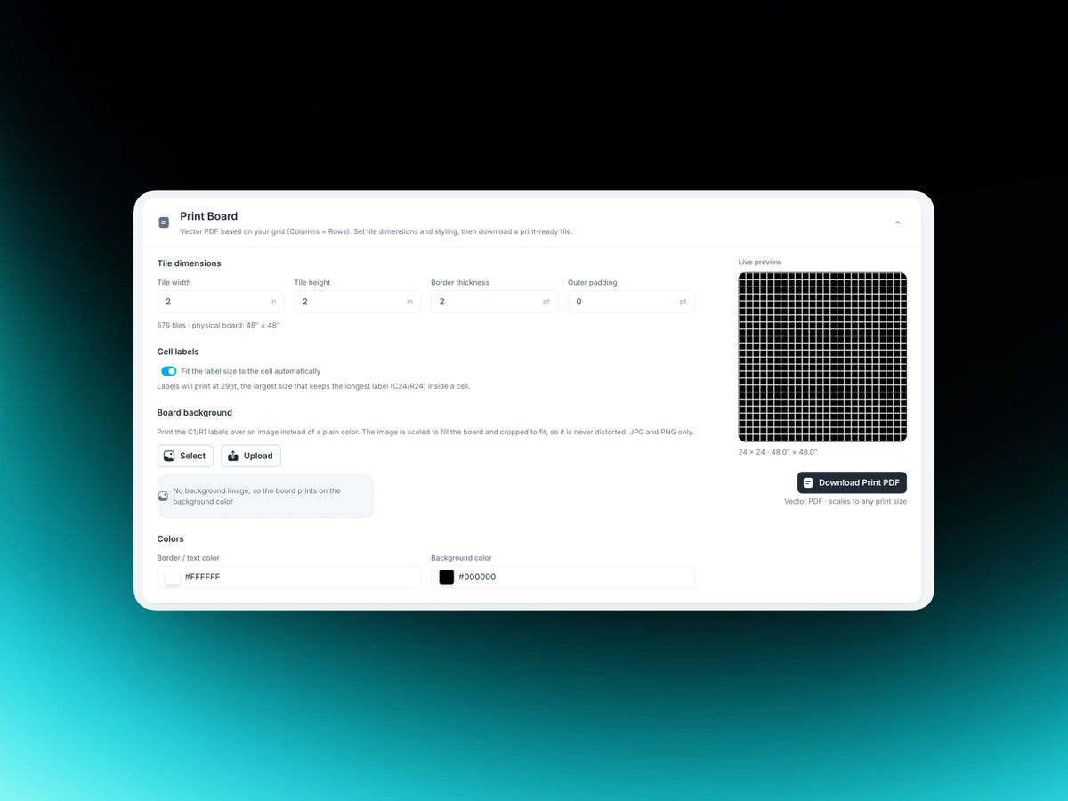 PMWall board PDF generation settings and numbered grid preview