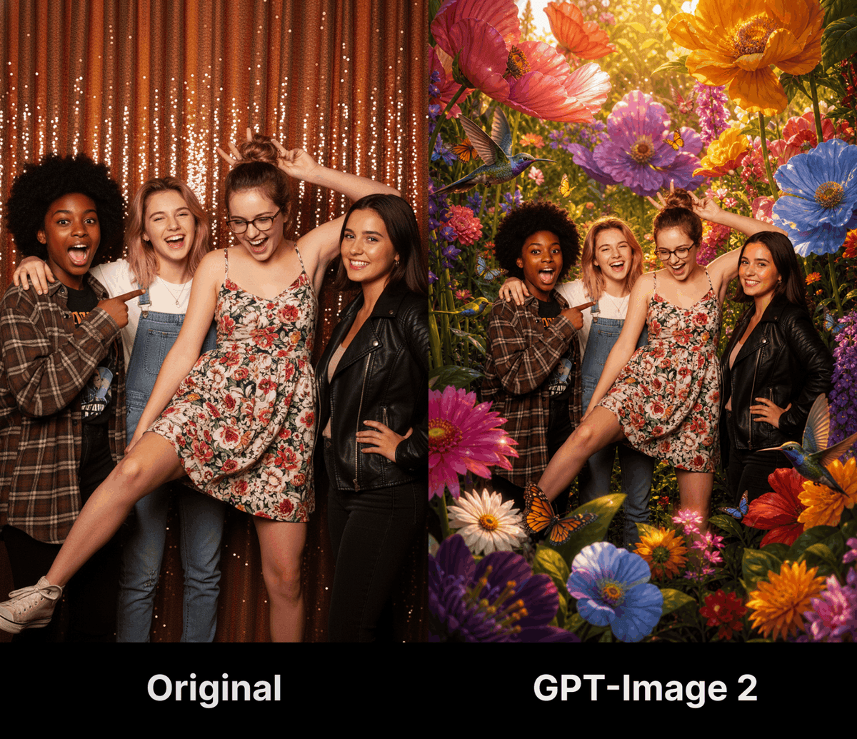 Original group photo and fantasy garden scene created with GPT-Image 2