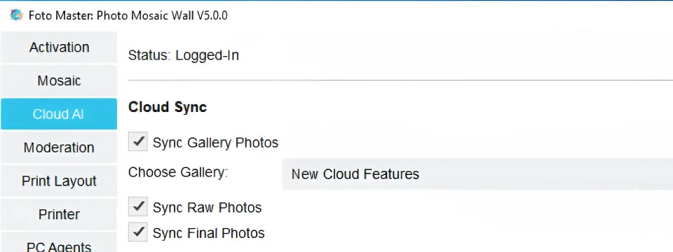 Photo Mosaic Wall V5 Cloud AI settings for syncing gallery, raw and final photos