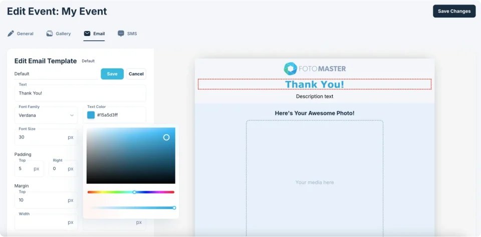 Foto Master Cloud email template editor with color controls and a message preview