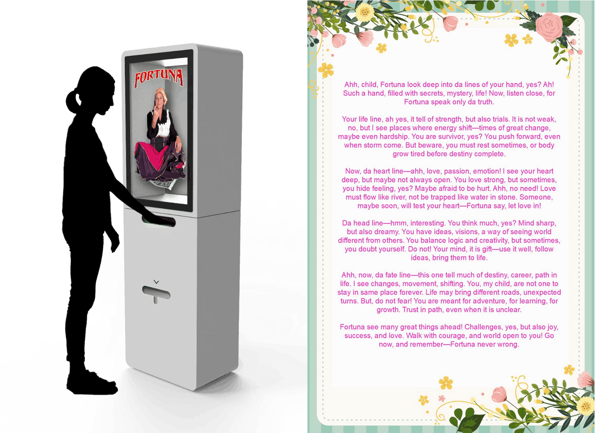 Fortuna AI palm reading booth beside a personalized printed fortune