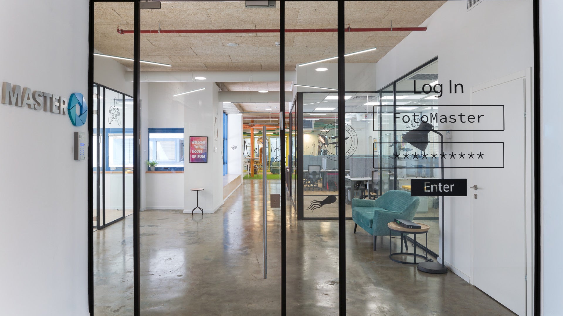 Entrance to Foto Master office with glass doors styled as login screen, revealing colorful open workspace beyond.