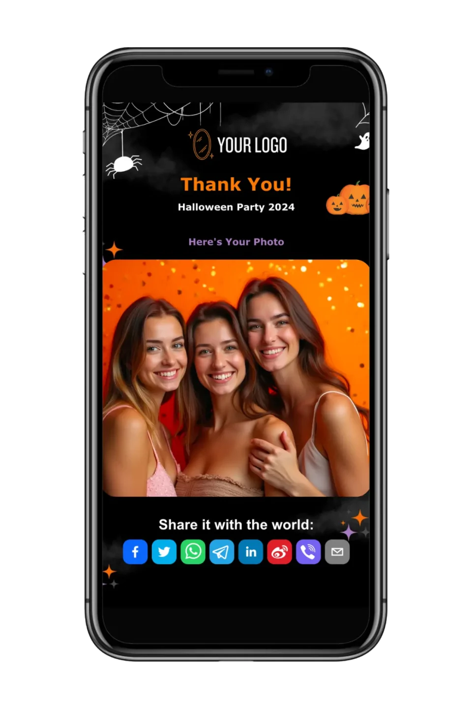 Halloween email design with a guest photo and sharing buttons on a phone