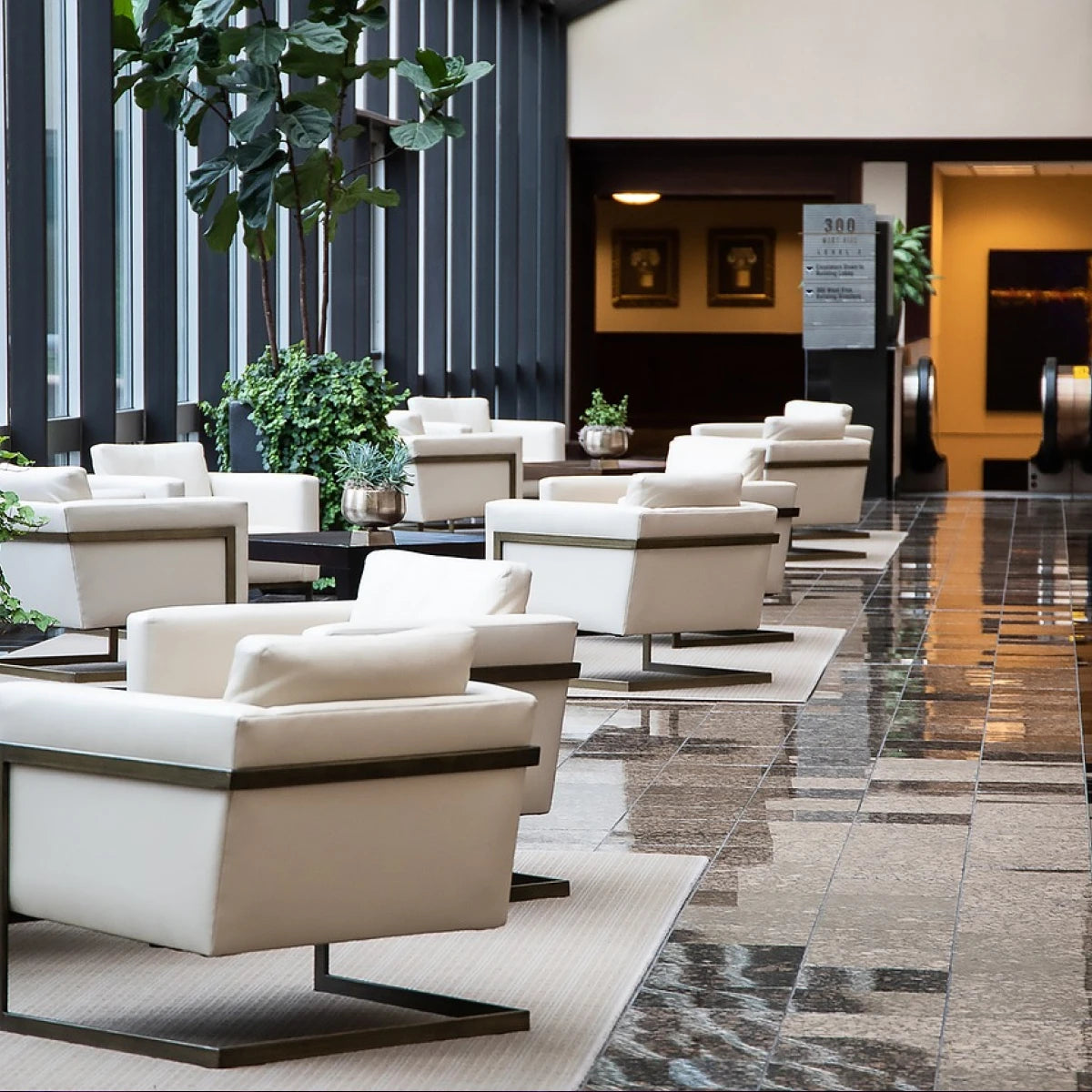 Hotel lobby seating area - illustrating that photo booths can fit well in hotels.