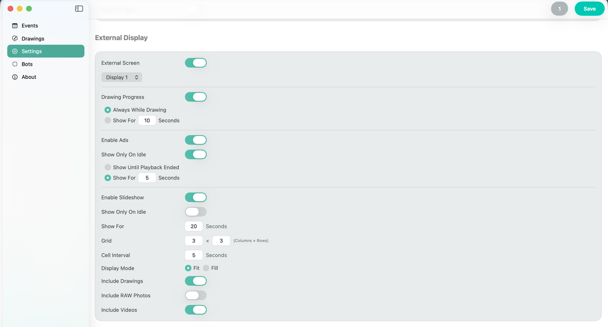 Cloud gallery slideshow settings for photos, drawings and AI videos
