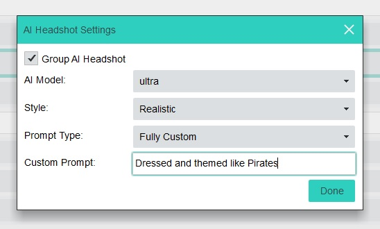 Screenshot of Group AI Headshot Settings
