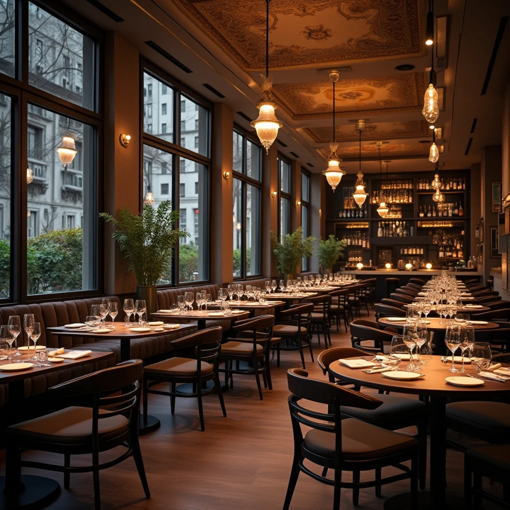 Restaurant interior with ambient lighting, showing that photo booths can enhance dining spaces