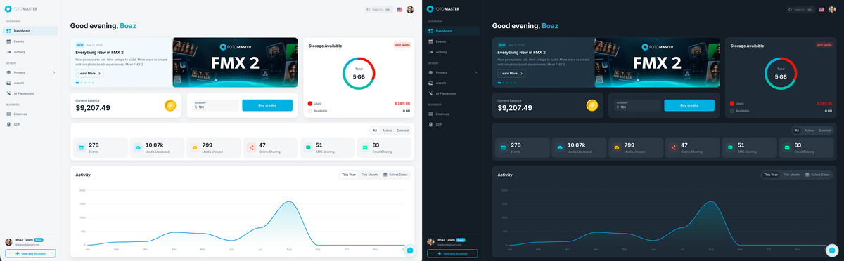 Foto Master Cloud shown side by side in Light Mode and Dark Mode