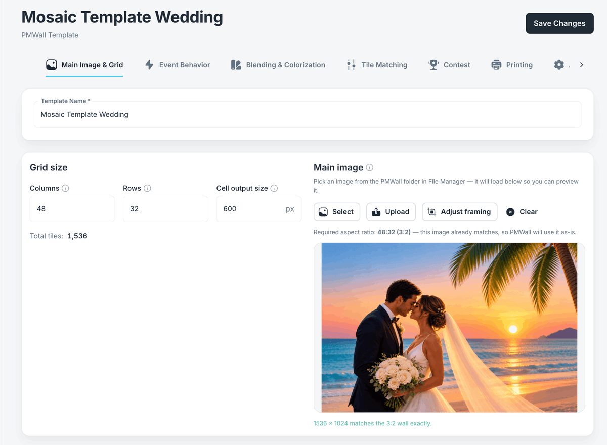 PMWall event and mosaic settings in Foto Master Cloud