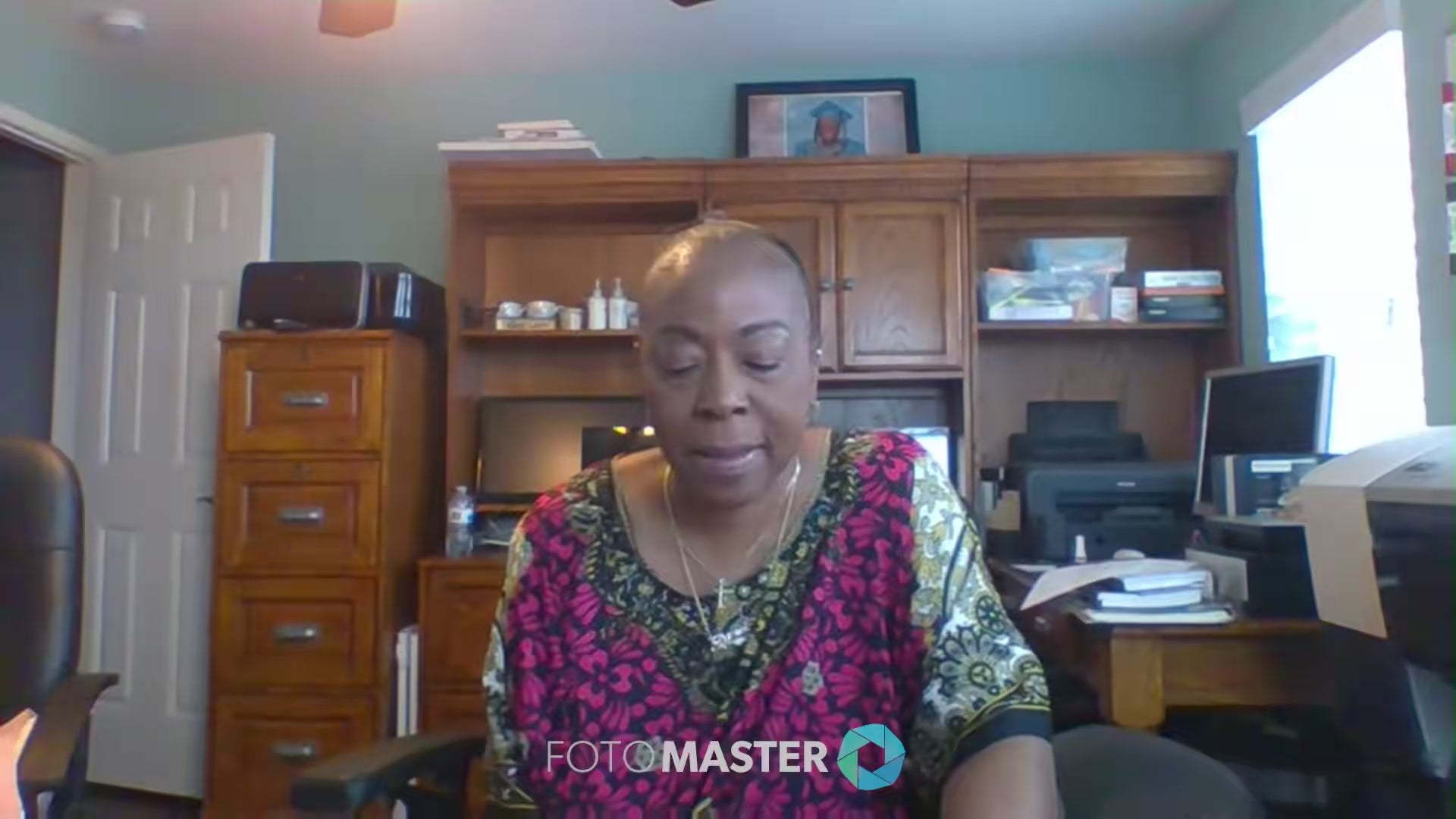 Client testimonial recorded at home office, featuring Pamela Laudermill of Parties Outta Sight praising Foto Master’s photo booth solutions
