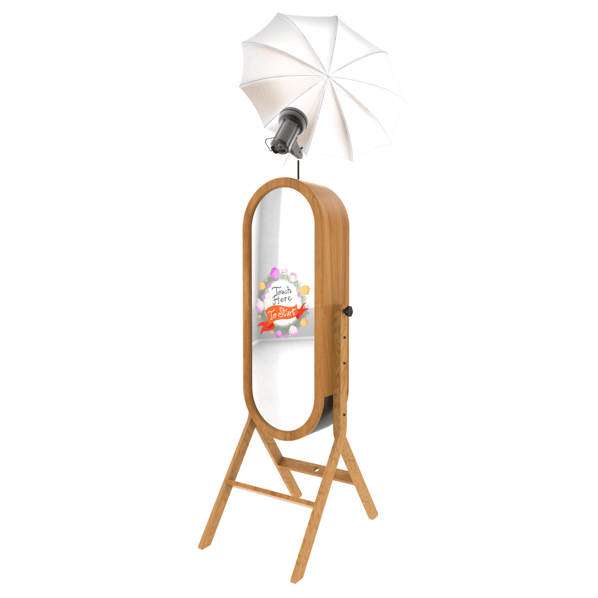 Wooden Retro Mirror Booth with an umbrella flash and a full-length oval mirror