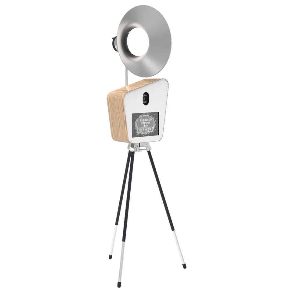 Vintage-inspired Retro Photo Booth on a tripod, featuring a wooden casing and a classic camera design with a ring light.