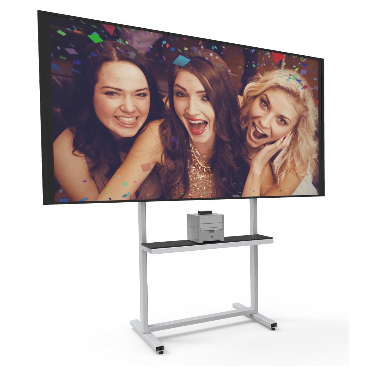A photo taken with Selfie Wi-Fi, showing three girls on a TV screen, and below it the Selfie Wi-Fi device.