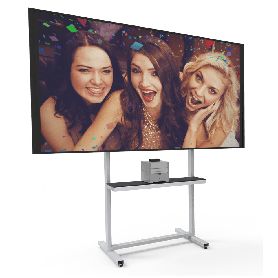 A photo taken with Selfie Wi-Fi, showing three girls on a TV screen, and below it the Selfie Wi-Fi device.