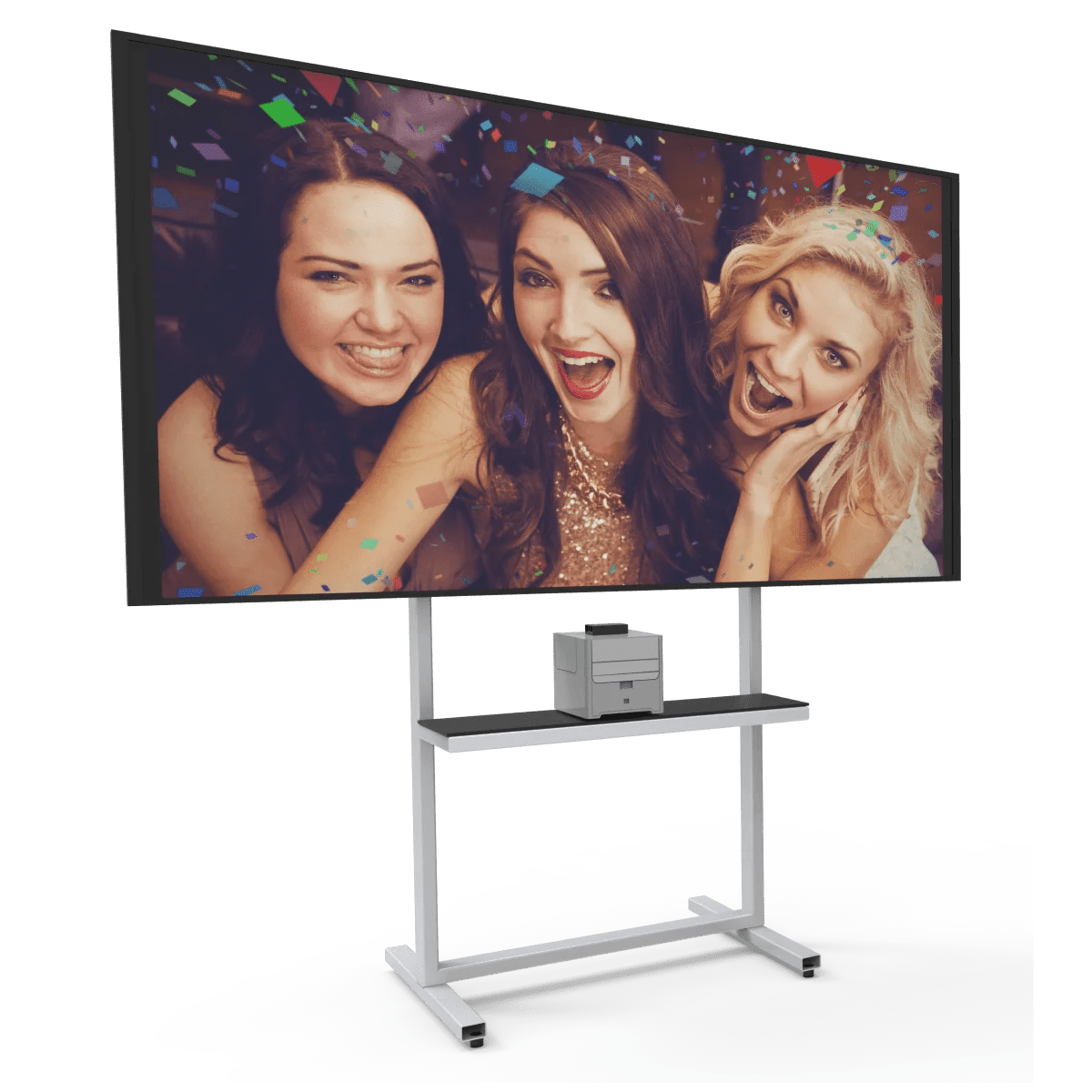 A photo taken with Selfie Wi-Fi, showing three girls on a TV screen, and below it the Selfie Wi-Fi device.